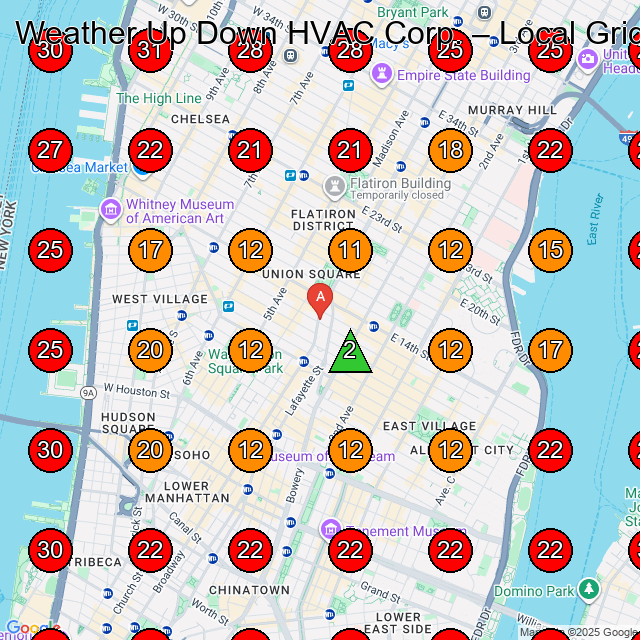 Weather Up Down HVAC Corp. GeoGrid visibility map for Air Conditioning Repair Service in New York